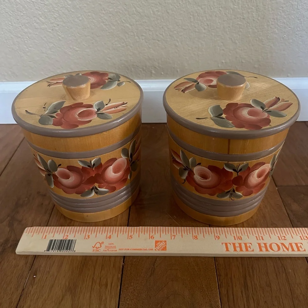 Vintage Hand-Painted Wooden Containers with Lids Soviet USSR Folk Art | Set of 2